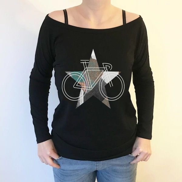 Tomka Csilla / BikeStar C Lindlip 2-11 art design black long sleeve women cotton t-shirt M / BringaCsillag művészi mintás dizájn fekete hosszú ujjú női pamut póló